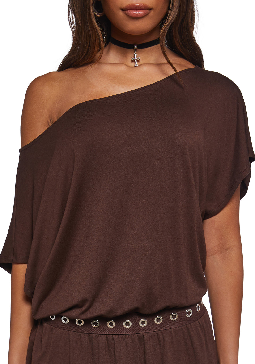 Womens Off The Shoulder Dress - Brown - Image 5