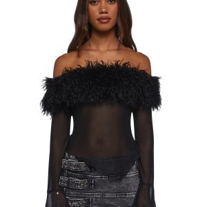 Womens Faux Fur Sheer Mesh Off The Shoulder Top Current Mood - Black