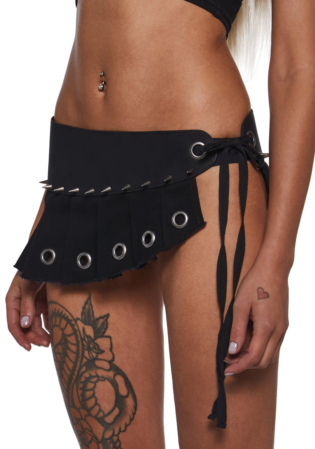 Studded Vegan Leather Belt With Pleated Twill Skirt Panel - Black - Image 6