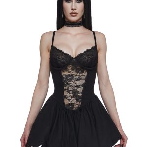 Widow Lace Flared Mini Dress - Black