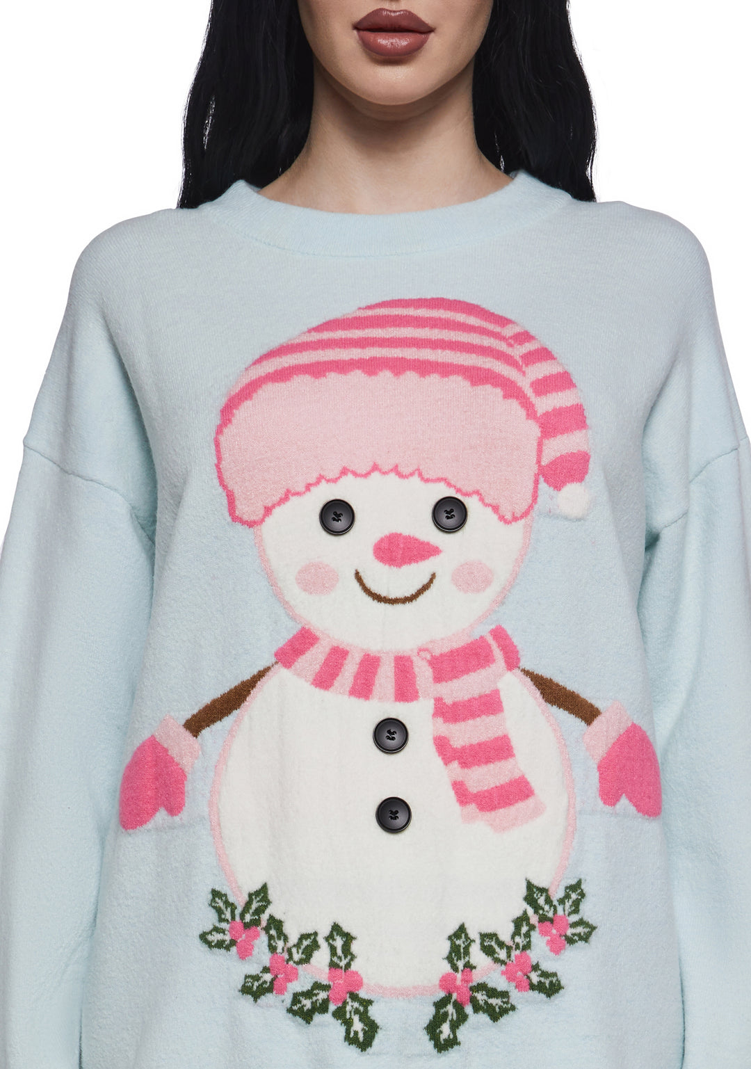 Stretchy Acrylic Knit Snowman Holly Button Intarsia Sweater Sugar Thrillz - Light Blue - Image 5