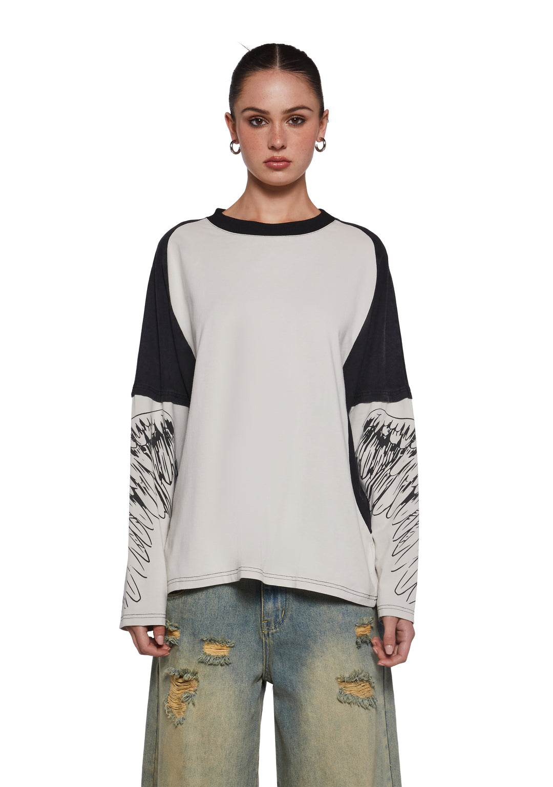 Womens Colorblock Long Sleeve Tee With Wings Graphic - Multi
