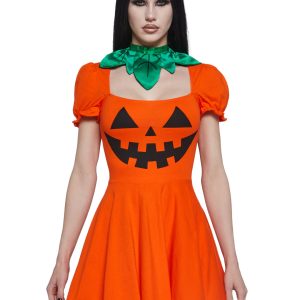 Womens Sexy Halloween Pumpkin Dress Trickz N' Treatz - Orange