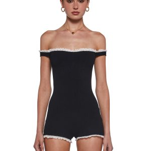 Womens Knit Ribbed Romper Sugar Thrillz - Black
