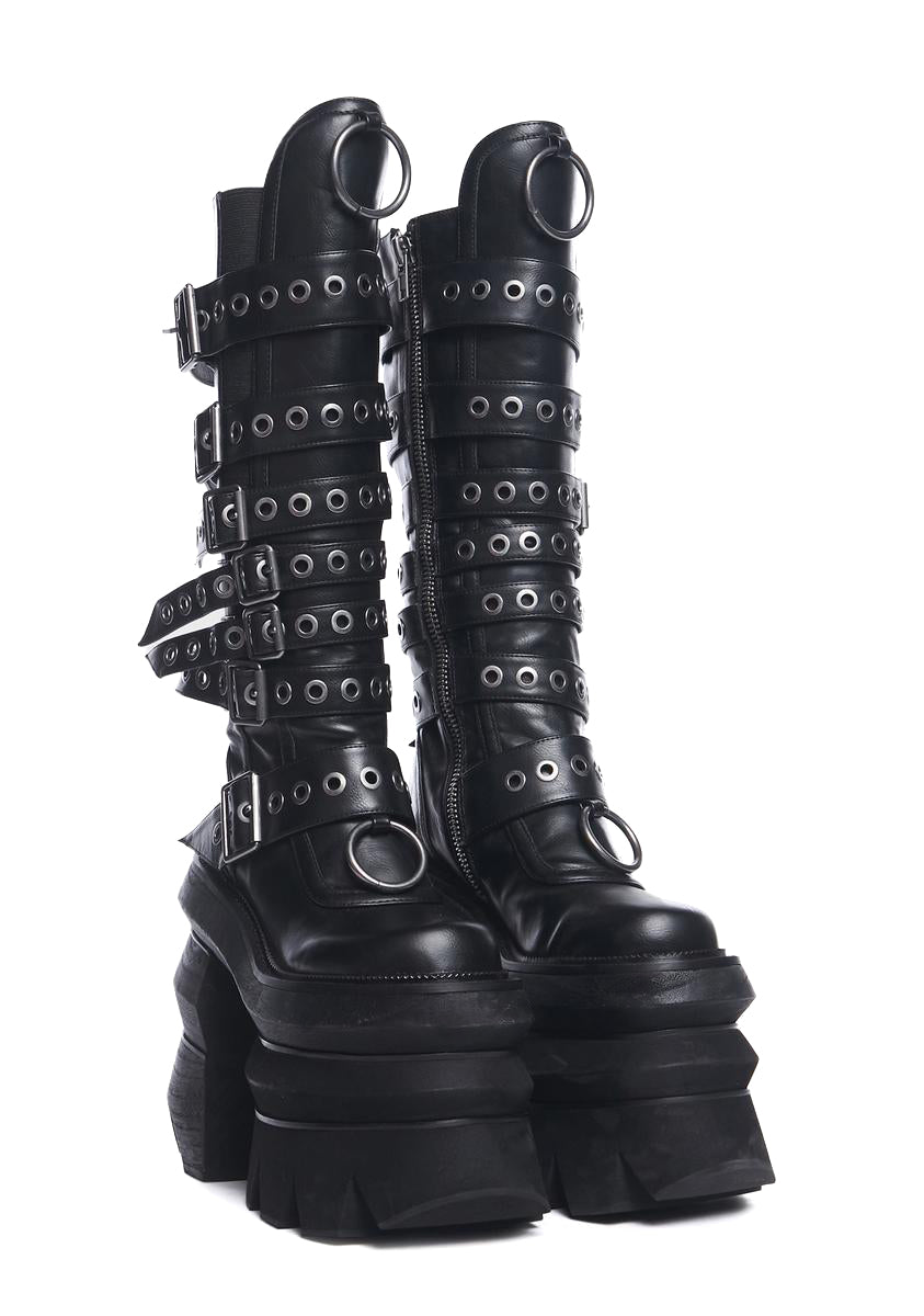 Widow Chunky Punk Platform Buckled Knee High Boots - Black - Image 3