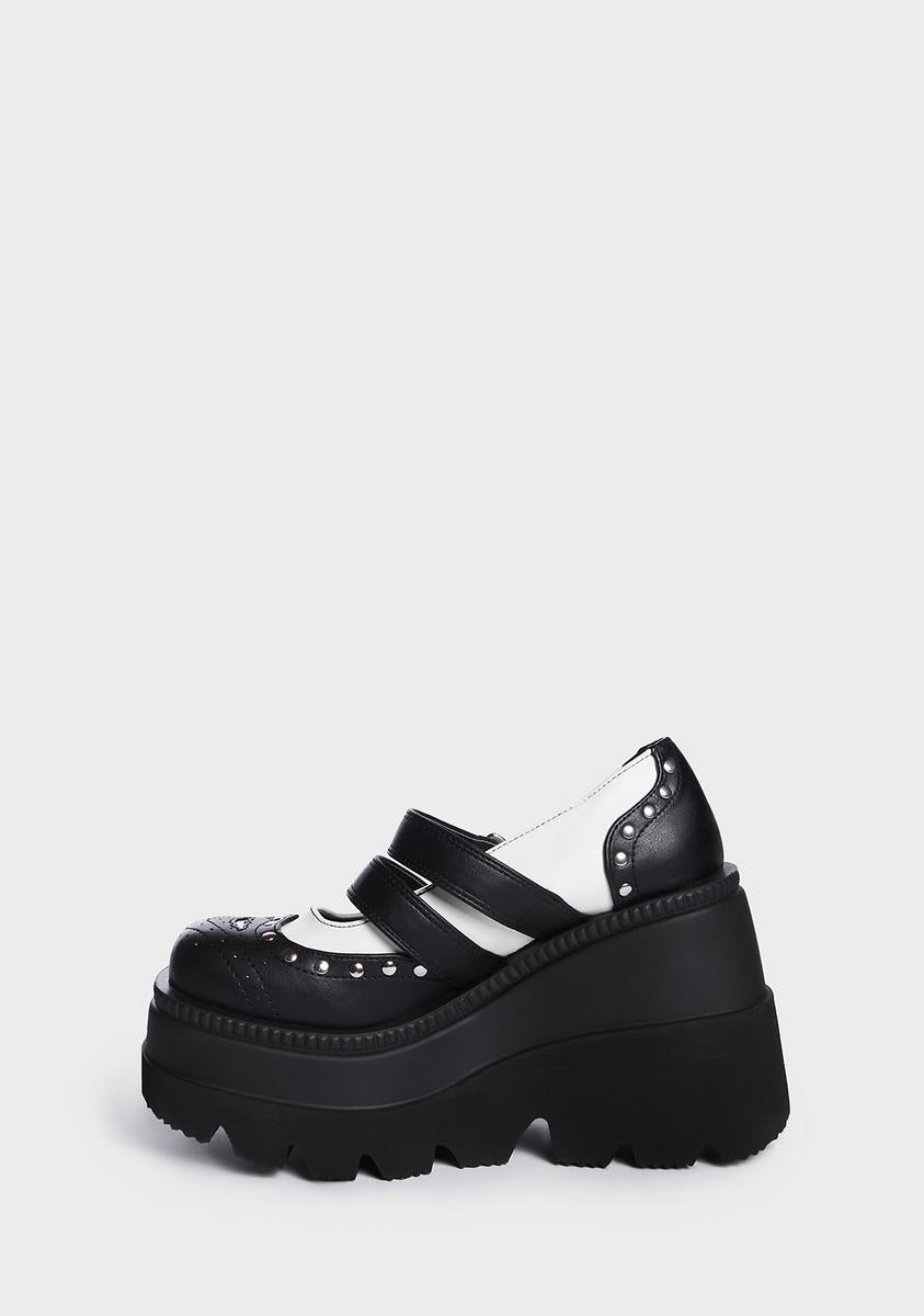 Demonia Studded Buckle Platform Mary Janes - Black/White - Image 2