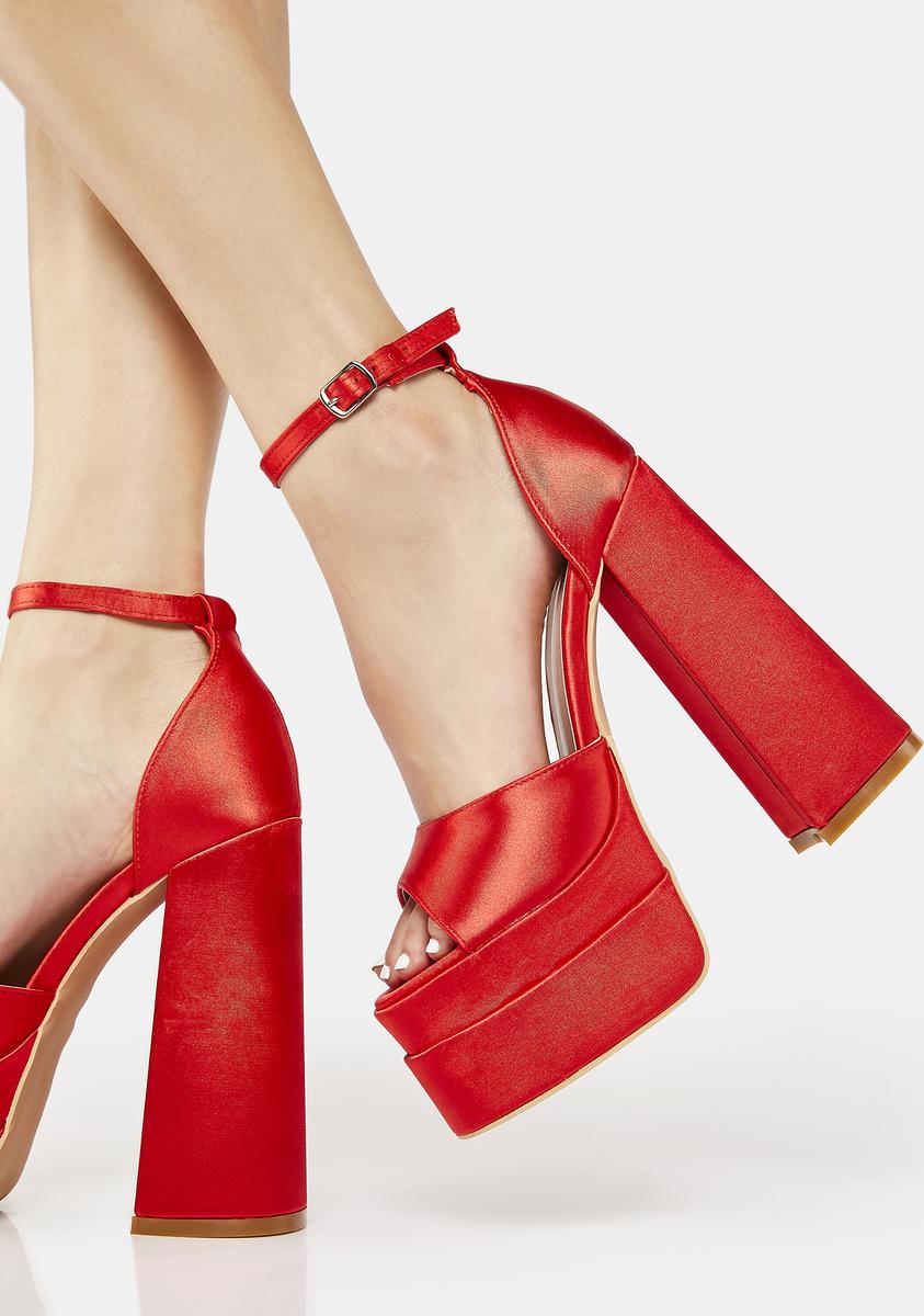 Satin Platform Heels With Buckle Closures - Red - Image 5