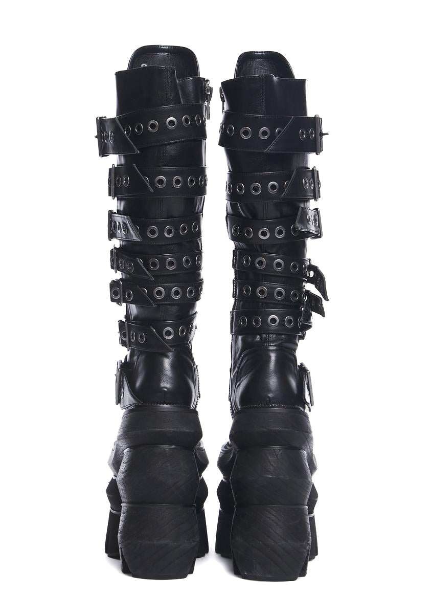 Widow Chunky Punk Platform Buckled Knee High Boots - Black - Image 4
