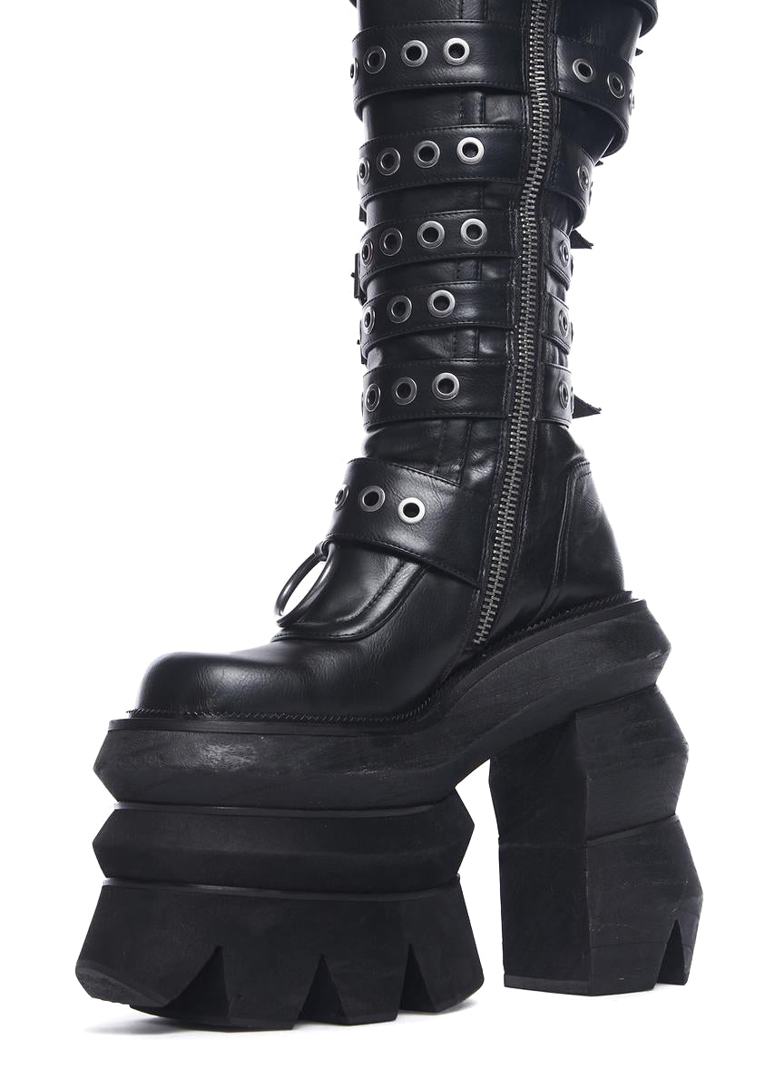 Widow Chunky Punk Platform Buckled Knee High Boots - Black - Image 2
