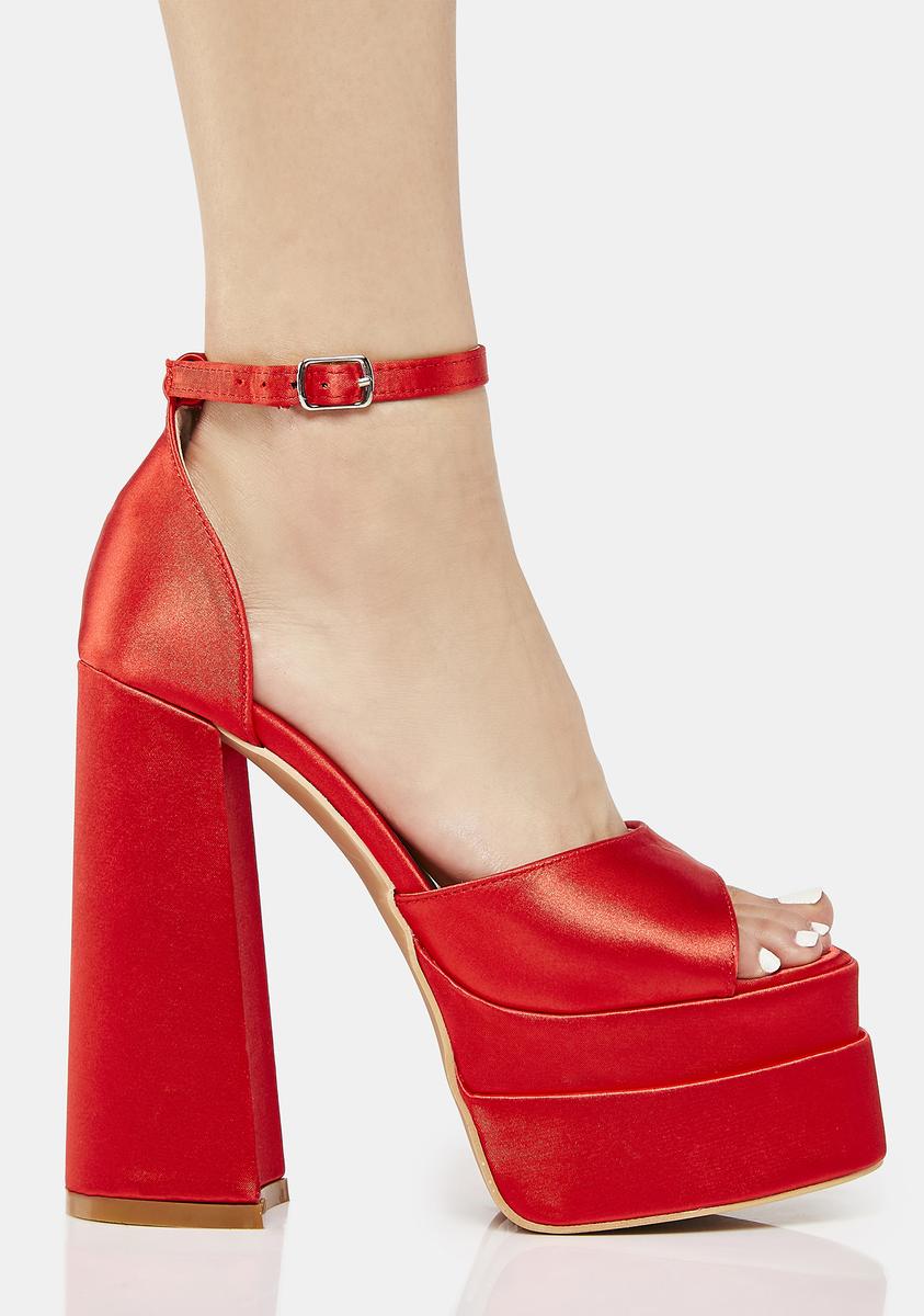 Satin Platform Heels With Buckle Closures - Red - Image 2