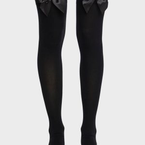 Bow Opaque Thigh Highs Tights Socks Black