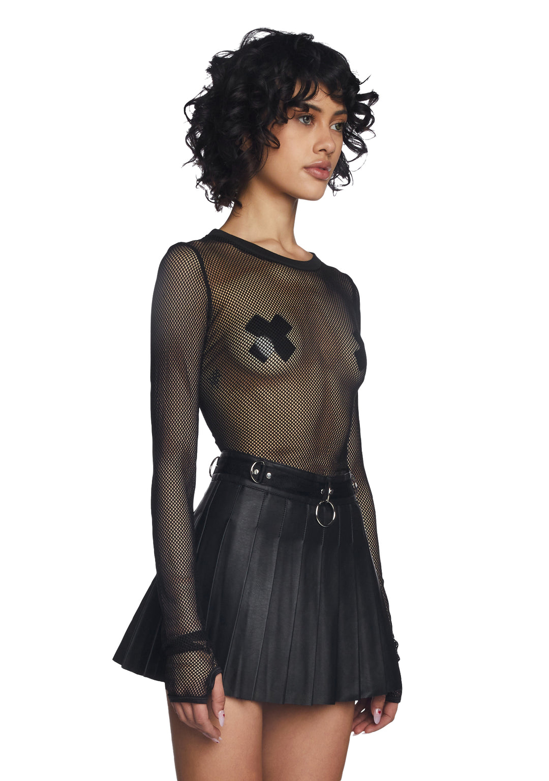 Current Mood Fishnet Long Sleeve Top - Black - Image 4