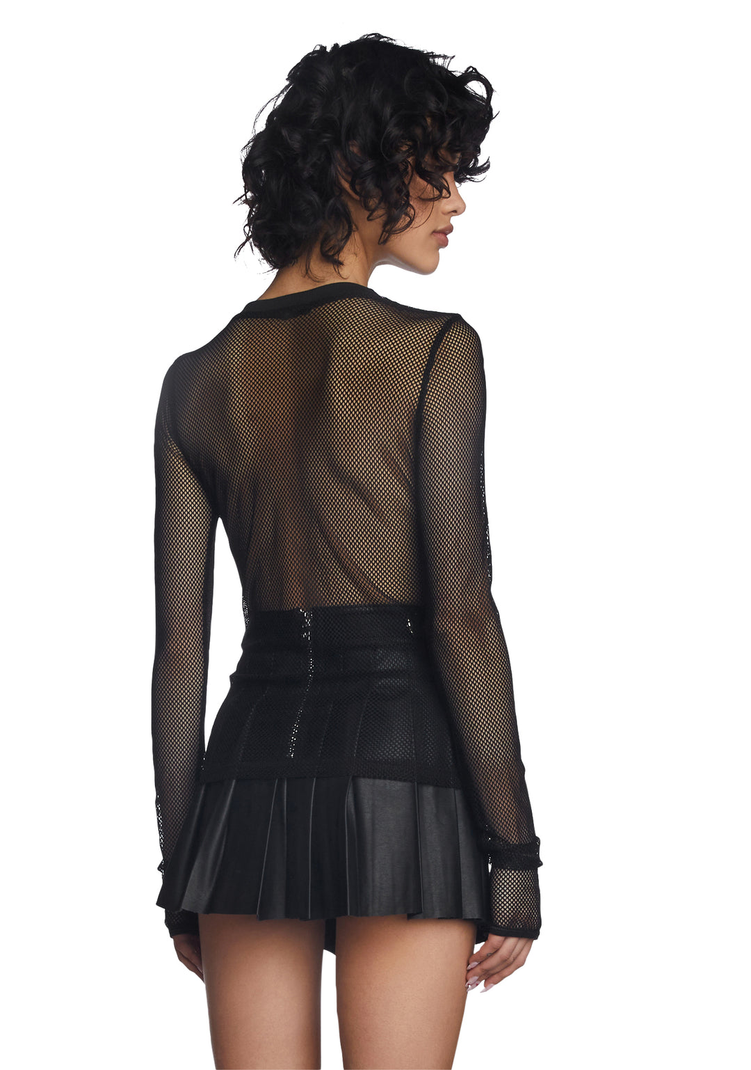 Current Mood Fishnet Long Sleeve Top - Black - Image 3