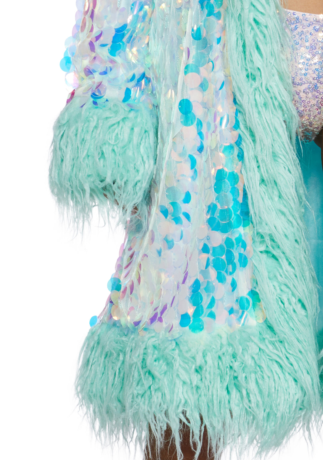 Iridescent Blue Hood Sequin Fur Coat - Image 2