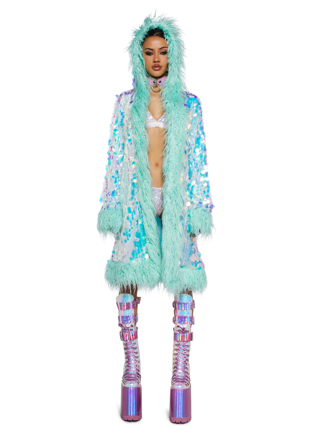 Iridescent Blue Hood Sequin Fur Coat - Image 5