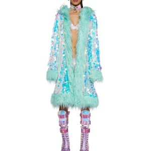 Iridescent Blue Hood Sequin Fur Coat