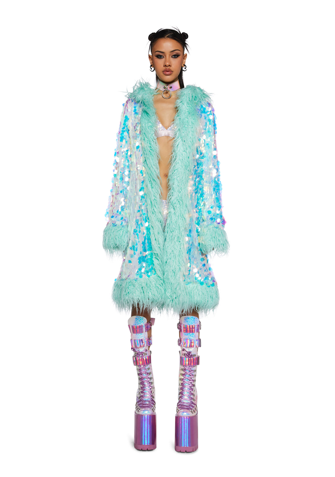 Iridescent Blue Hood Sequin Fur Coat