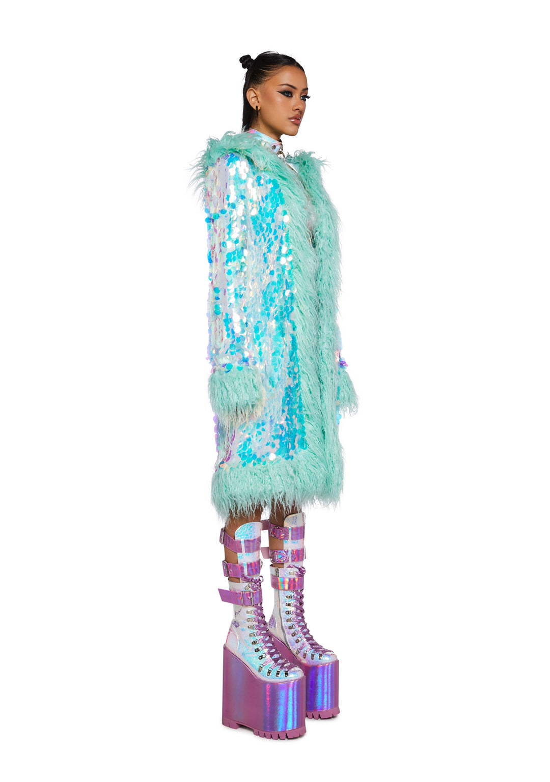 Iridescent Blue Hood Sequin Fur Coat - Image 3