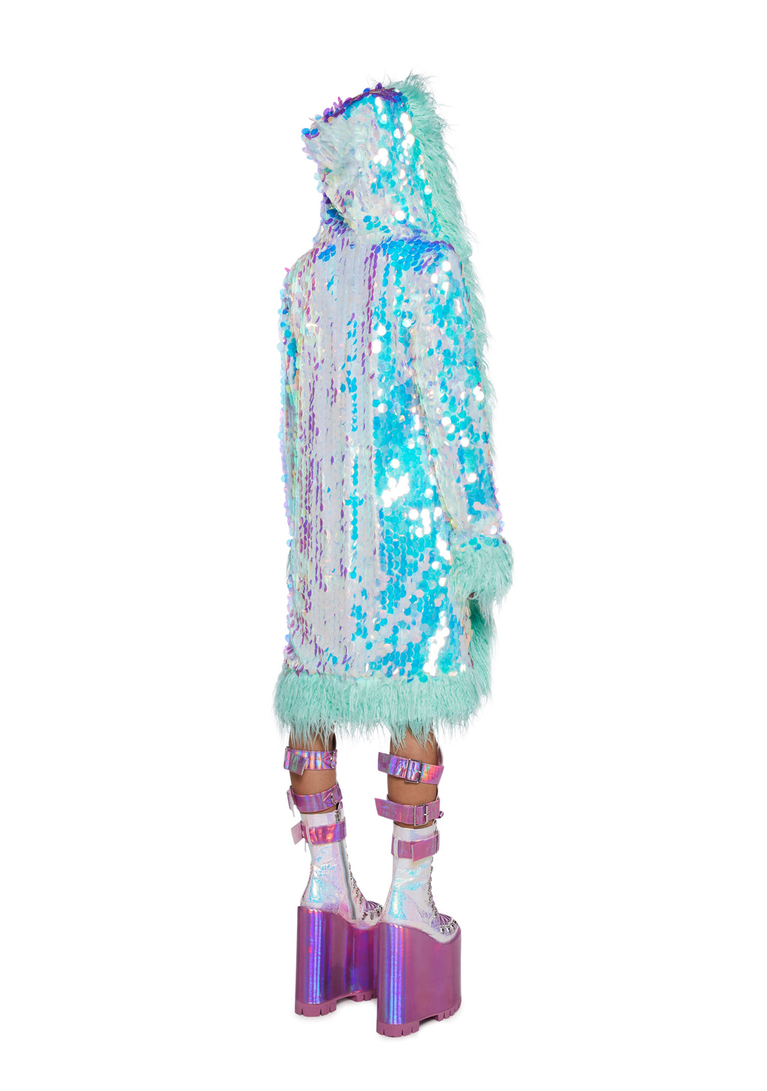 Iridescent Blue Hood Sequin Fur Coat - Image 4