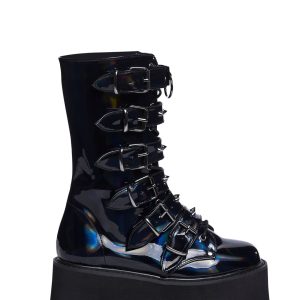 Black Hologram Platform Buckle Boots