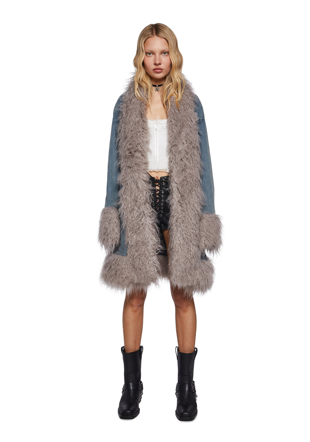 Delia's Denim Faux Fur Trim Coat - Blue