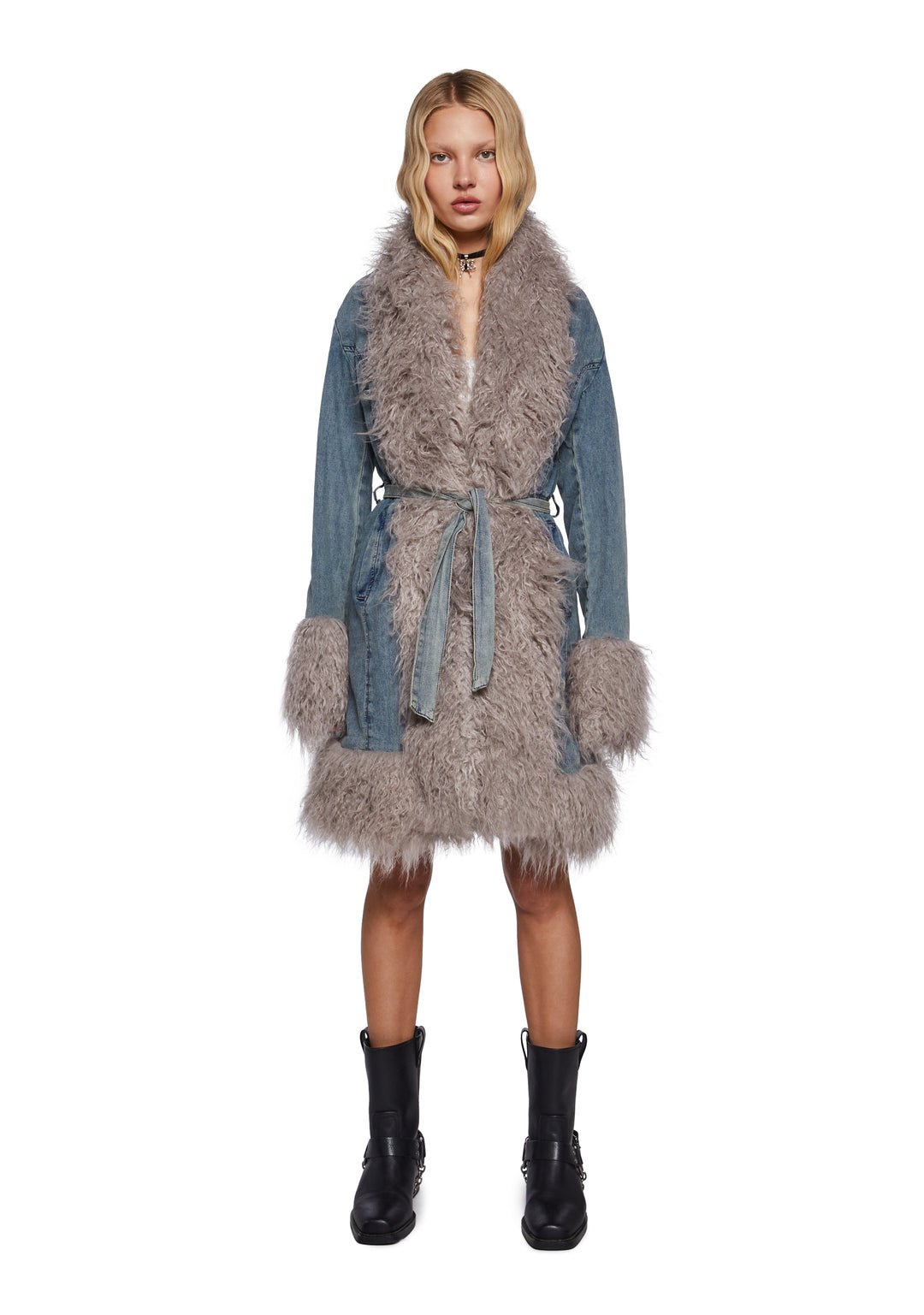 Delia's Denim Faux Fur Trim Coat - Blue - Image 6