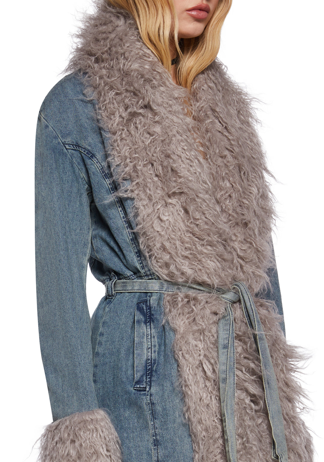 Delia's Denim Faux Fur Trim Coat - Blue - Image 2