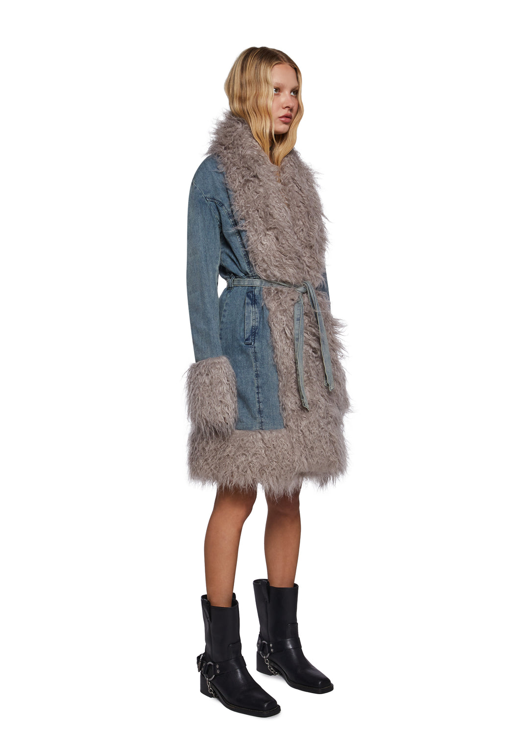 Delia's Denim Faux Fur Trim Coat - Blue - Image 3