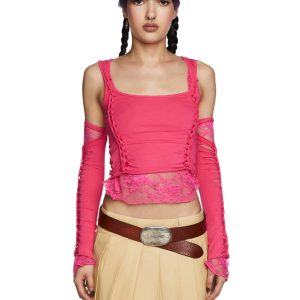 Current Mood Slashed Cut Out Long Sleeve Crop Top And Gloves Set - Pink