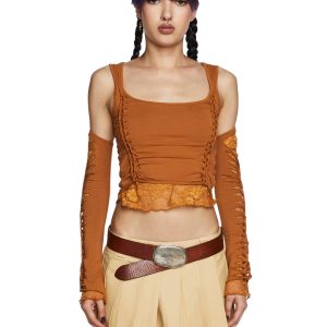 Current Mood Slashed Cut Out Long Sleeve Crop Top And Gloves Set - Brown