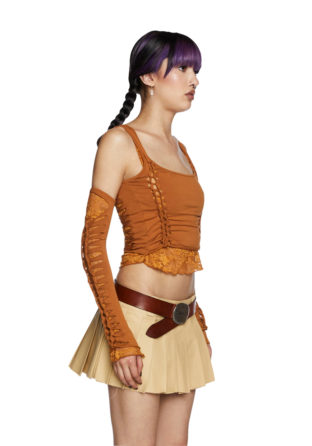 Current Mood Slashed Cut Out Long Sleeve Crop Top And Gloves Set - Brown - Image 3