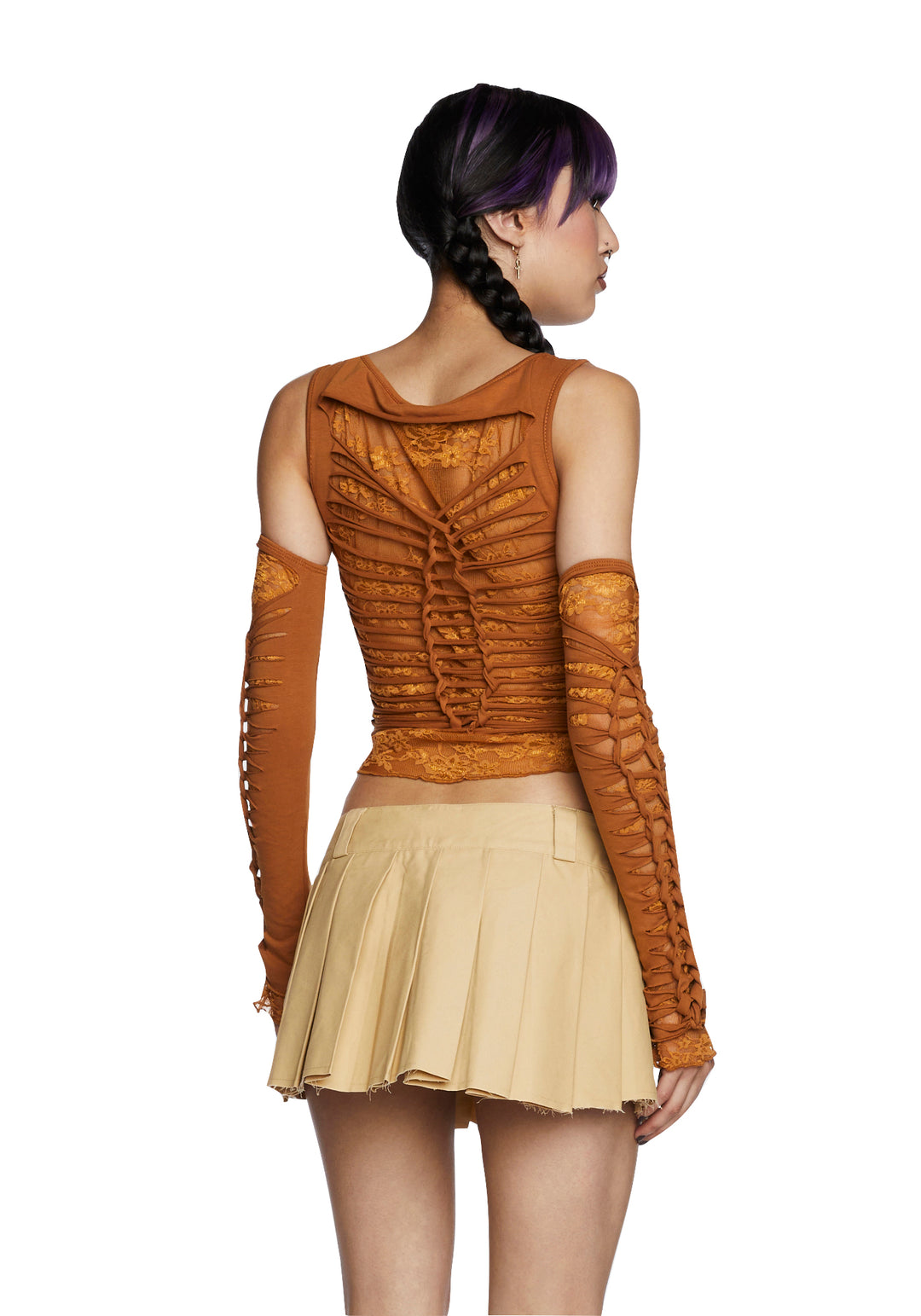Current Mood Slashed Cut Out Long Sleeve Crop Top And Gloves Set - Brown - Image 4