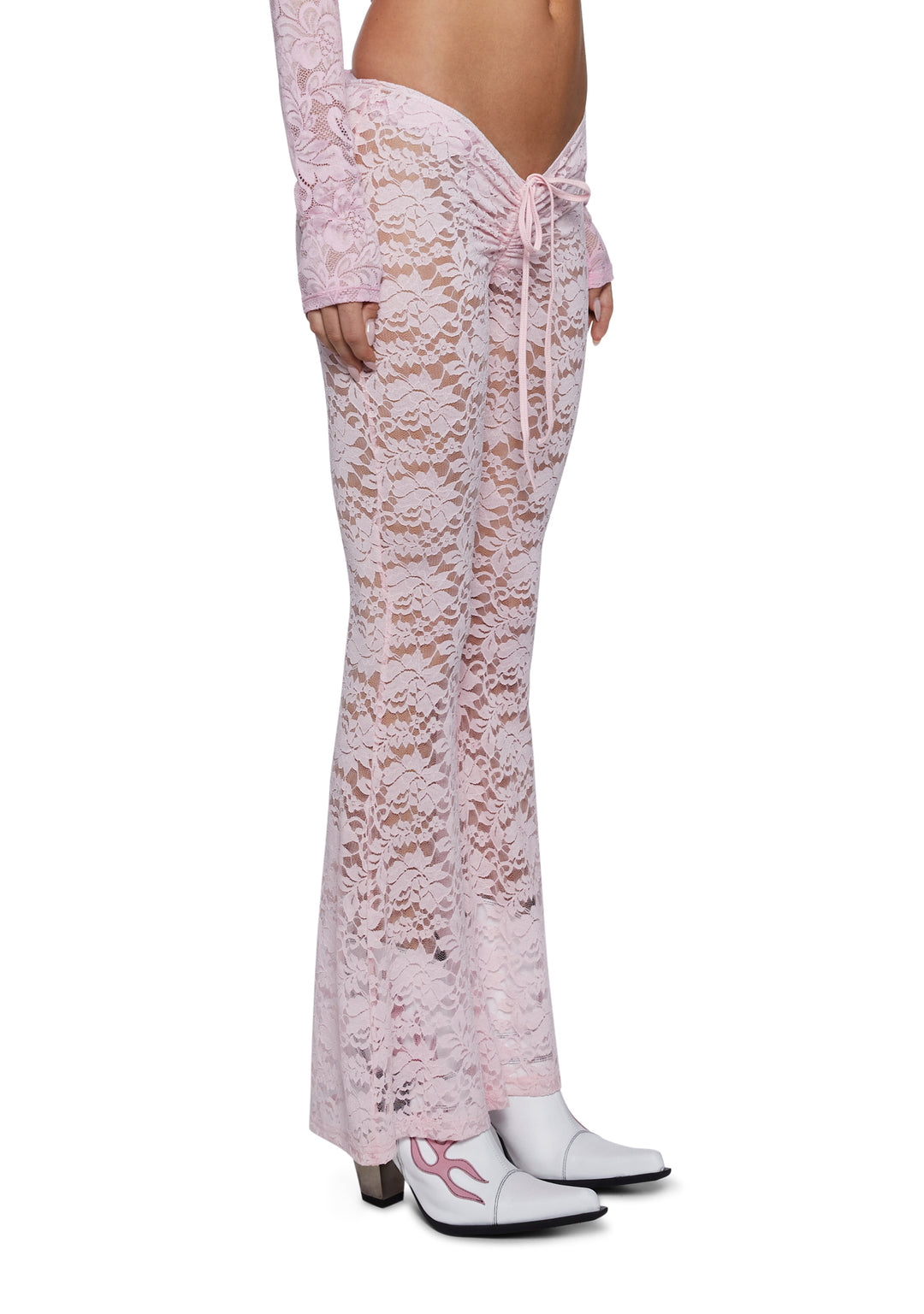 Sugar Thrillz Lace Flared V-Cut Leggings Pants - Pink - Image 3