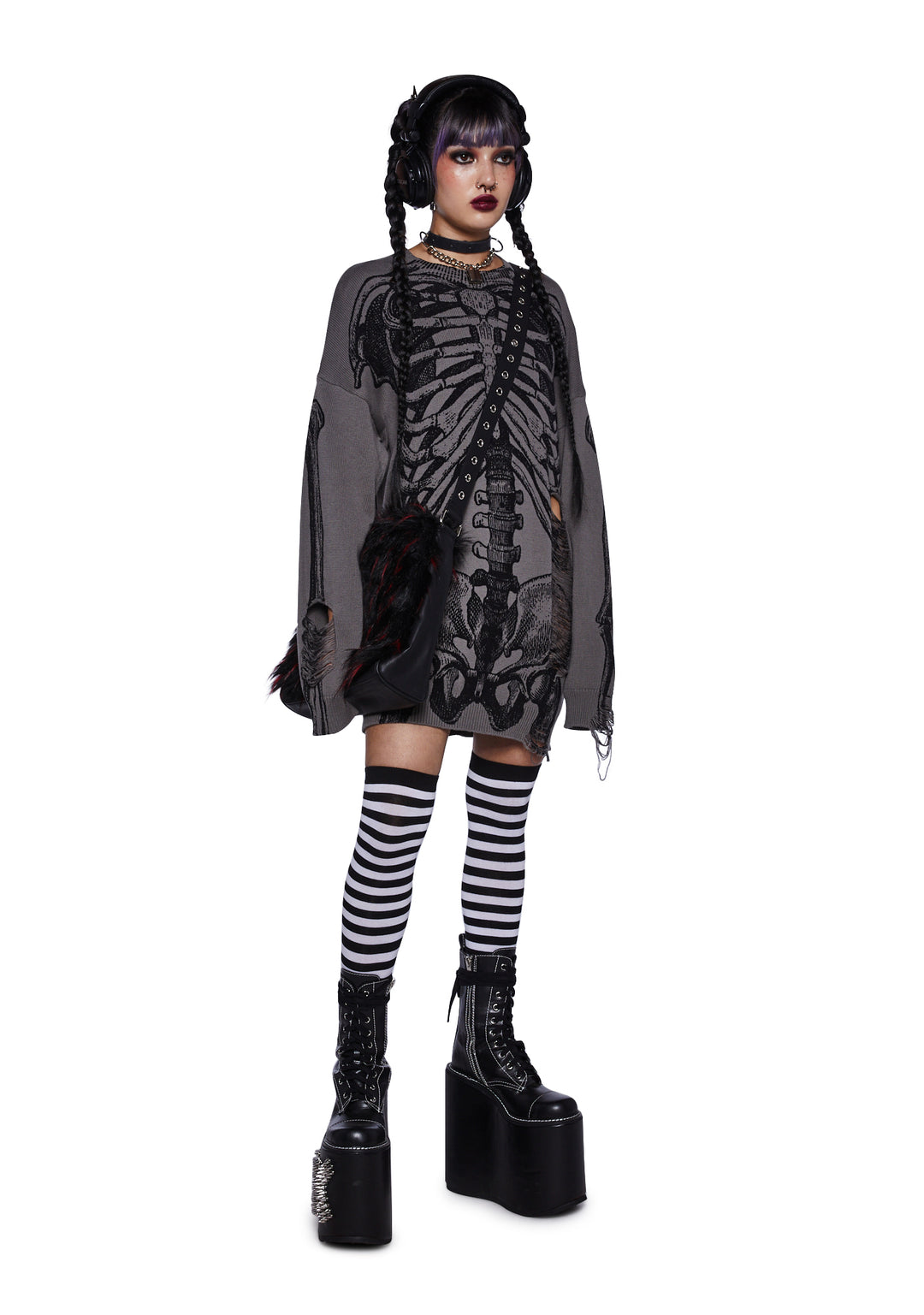 Trickz N' Treatz Skeleton Graphic Distressed Sweater - Gray - Image 2