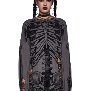 Trickz N' Treatz Skeleton Graphic Distressed Sweater - Gray