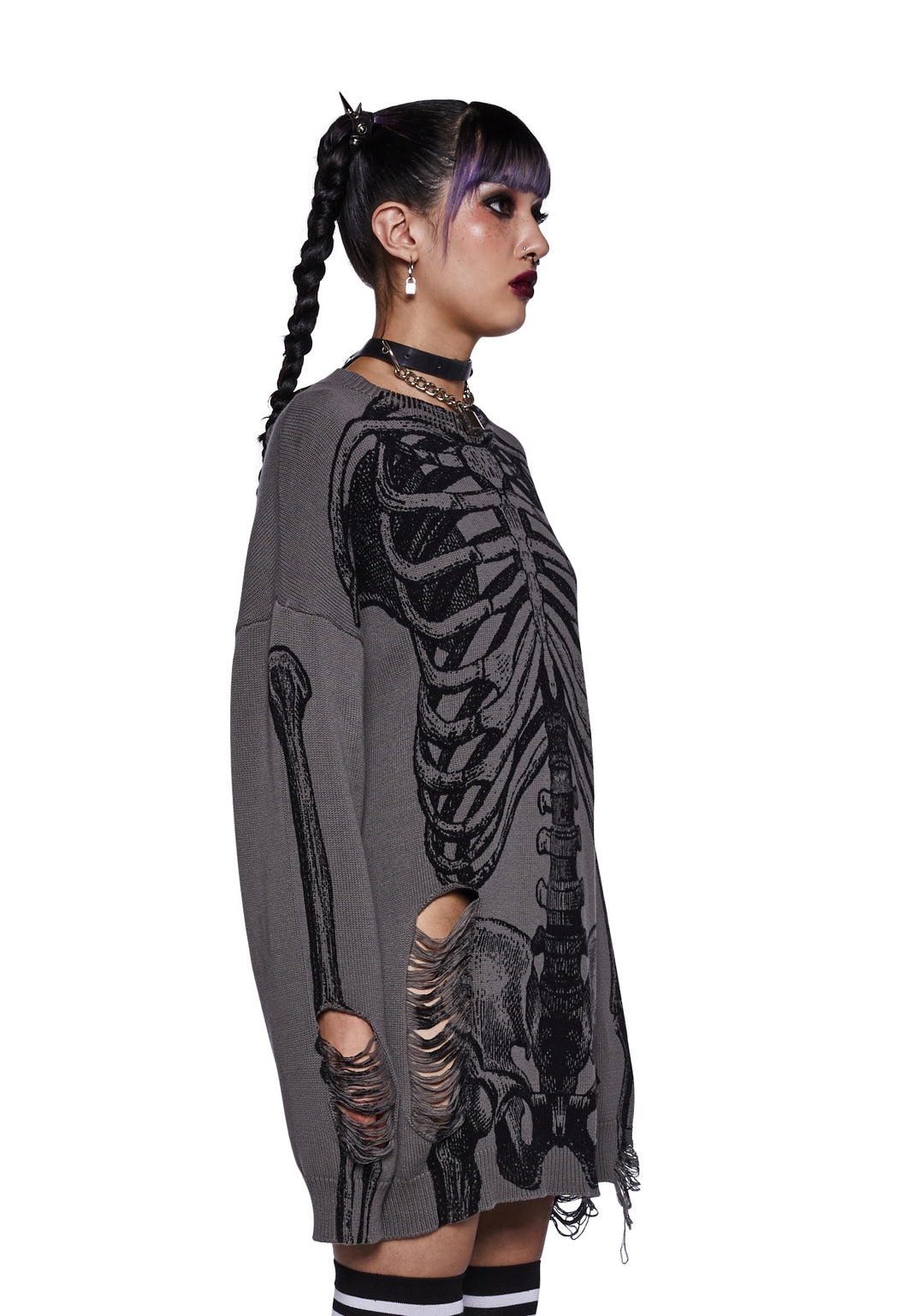 Trickz N' Treatz Skeleton Graphic Distressed Sweater - Gray - Image 3