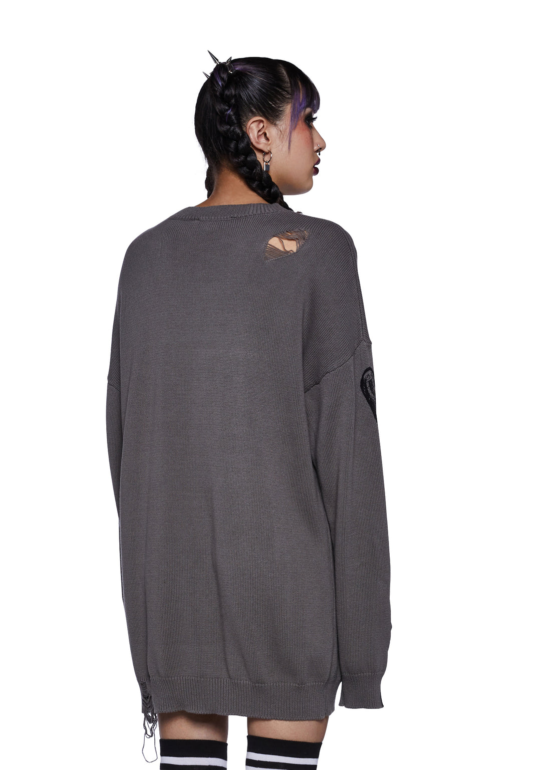 Trickz N' Treatz Skeleton Graphic Distressed Sweater - Gray - Image 4