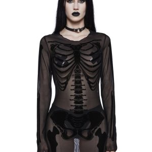 Trickz N' Treatz Sheer Mesh Skeleton Mini Dress - Black