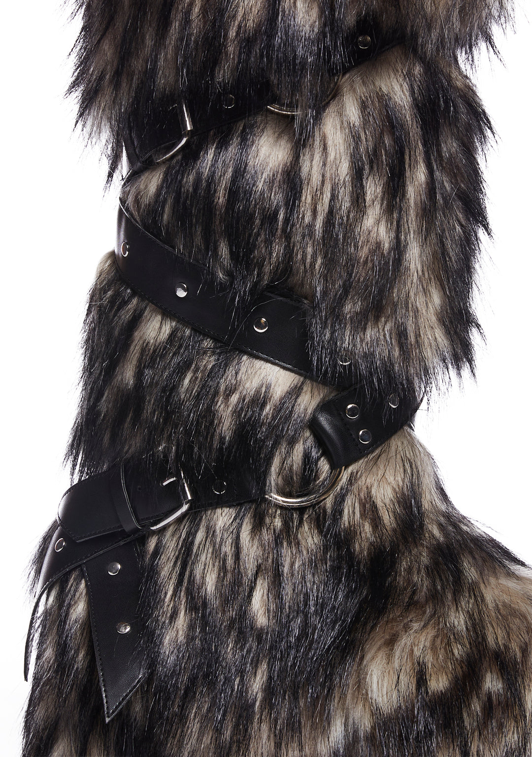 Club Exx Burning Man Ombre Faux Fur Strappy Knee High Boots - Off White - Image 2