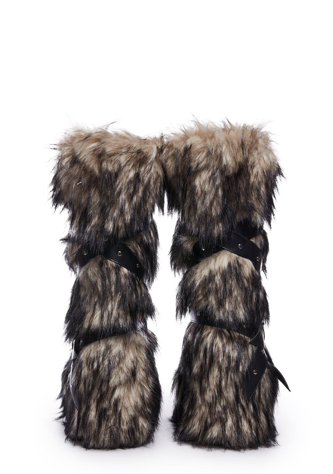 Club Exx Burning Man Ombre Faux Fur Strappy Knee High Boots - Off White - Image 4