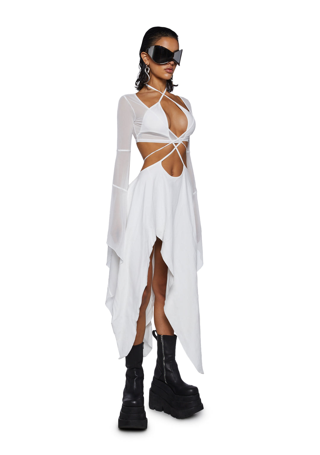 Darker Wavs Asymmetrical Mesh Wrap Midi Dress - Washed Black - Image 5