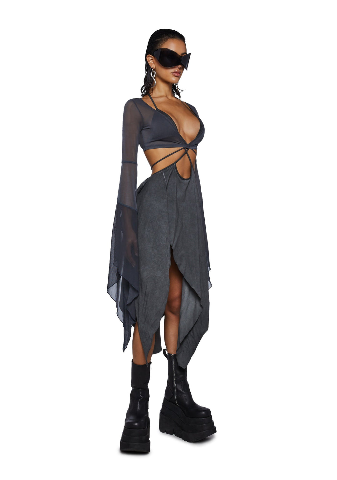 Darker Wavs Asymmetrical Mesh Wrap Midi Dress - Washed Black - Image 5