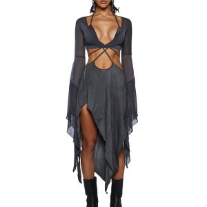 Darker Wavs Asymmetrical Mesh Wrap Midi Dress - Washed Black