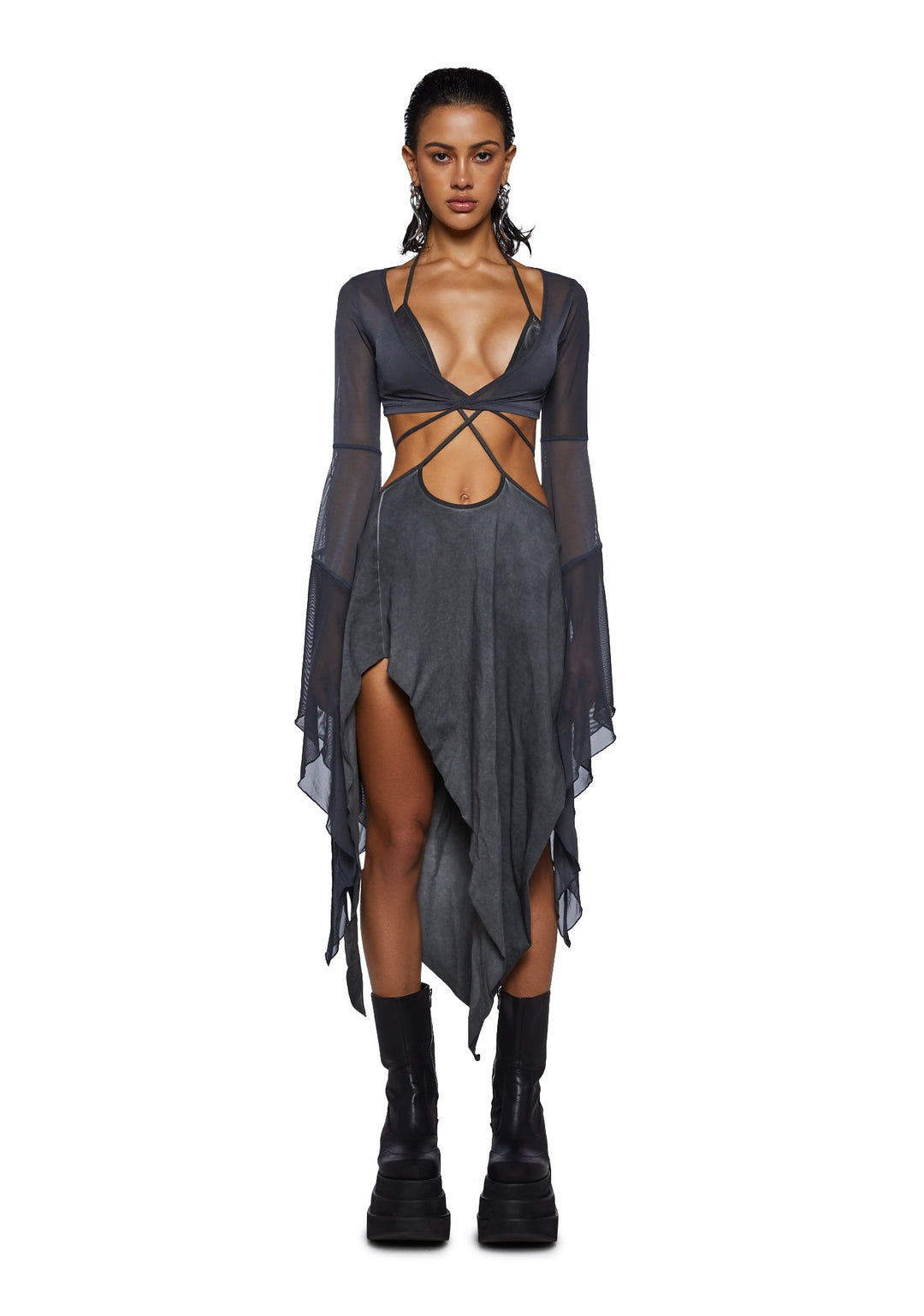 Darker Wavs Asymmetrical Mesh Wrap Midi Dress - Washed Black