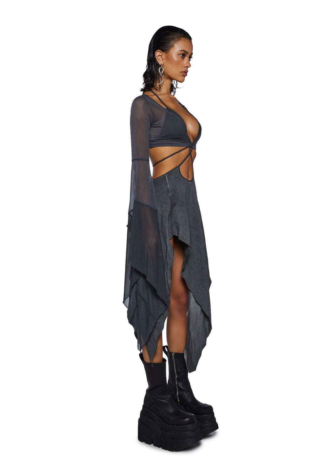 Darker Wavs Asymmetrical Mesh Wrap Midi Dress - Washed Black - Image 3