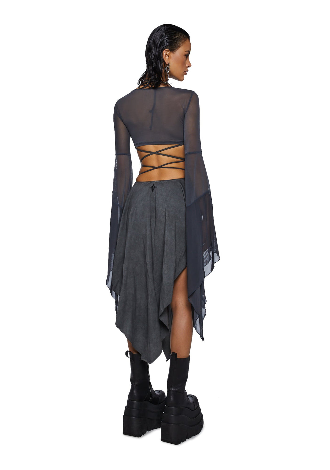 Darker Wavs Asymmetrical Mesh Wrap Midi Dress - Washed Black - Image 4