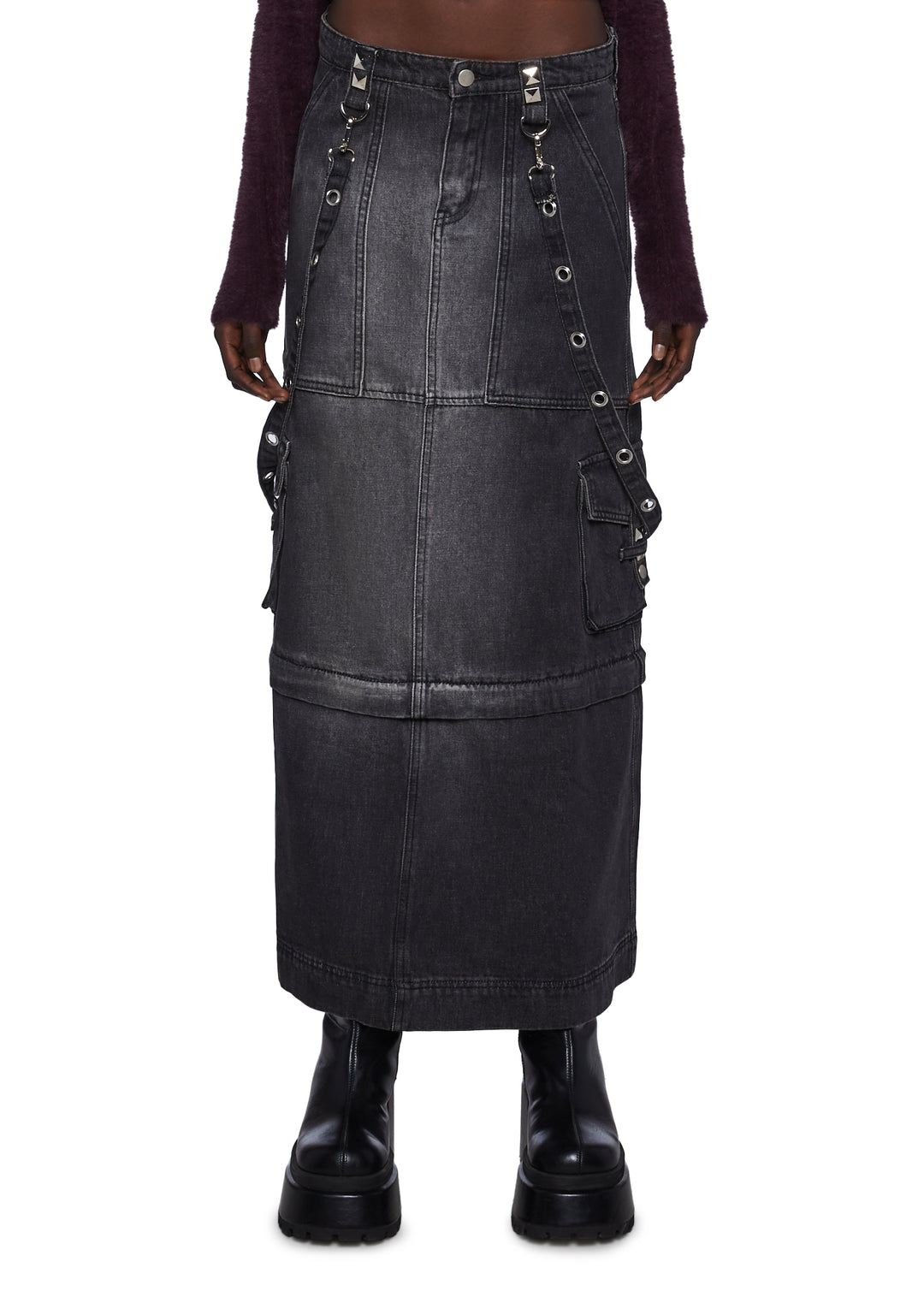 Current Mood Washed Denim Convertible Maxi Cargo Skirt - Black - Image 2