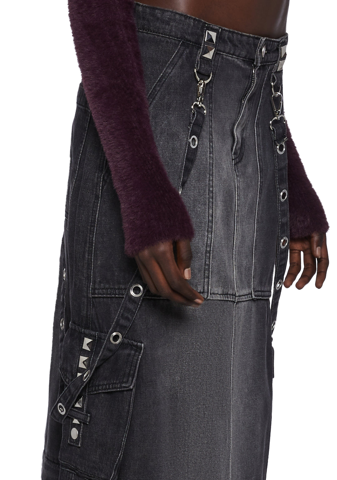 Current Mood Washed Denim Convertible Maxi Cargo Skirt - Black - Image 5