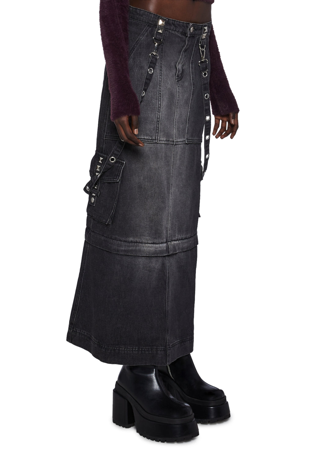 Current Mood Washed Denim Convertible Maxi Cargo Skirt - Black - Image 3