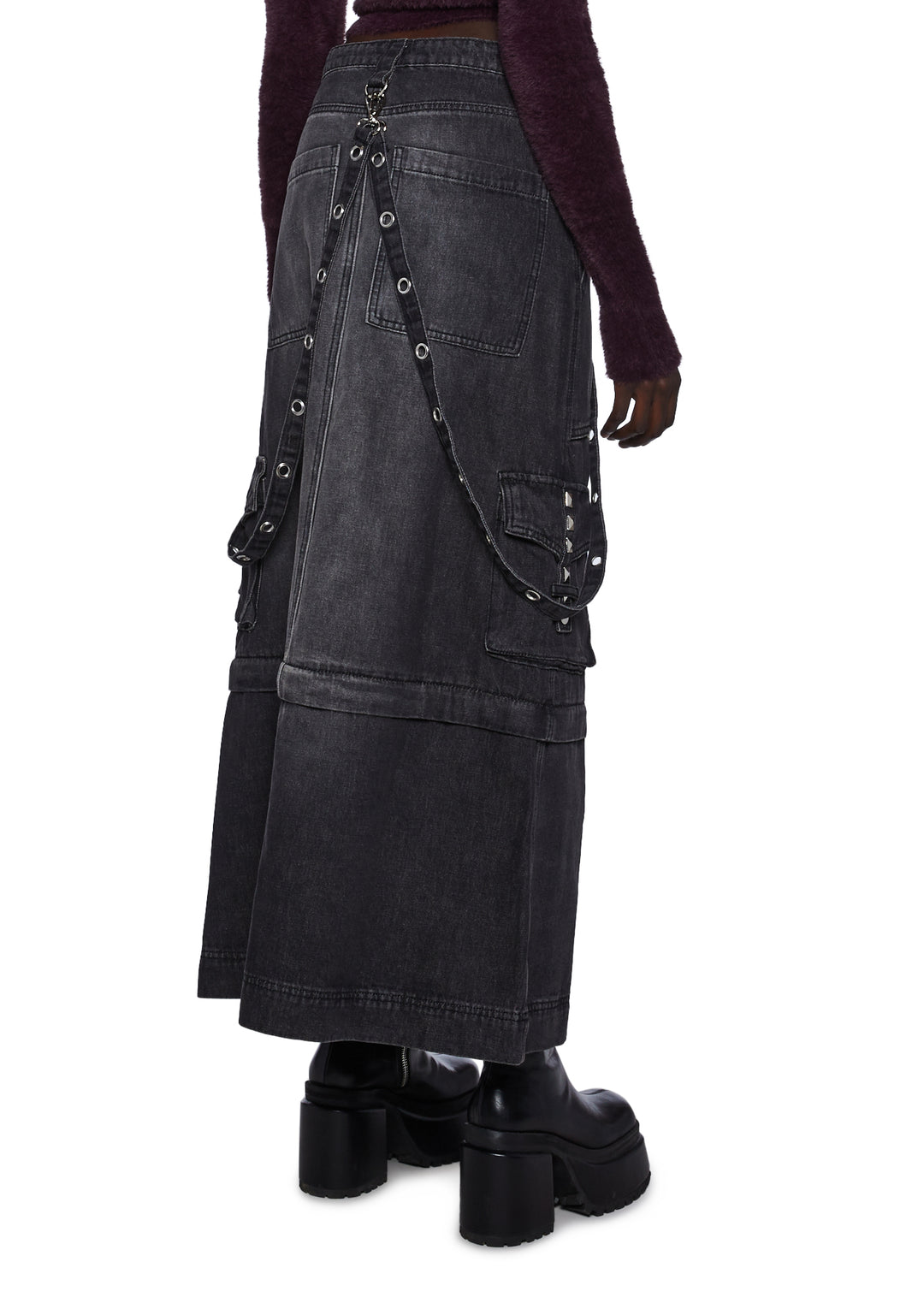 Current Mood Washed Denim Convertible Maxi Cargo Skirt - Black - Image 4